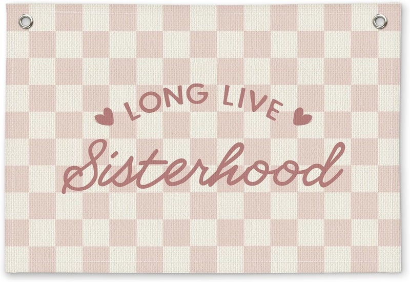 ETVISO Long Live Sisterhood Preppy Pink Checkered Girls Room Decor - Linen Banner Wall Hanging Canvas Banner Flag Decor for Toddler Girly Bedroom Playroom Nursery Dorm Apartment - Image 1